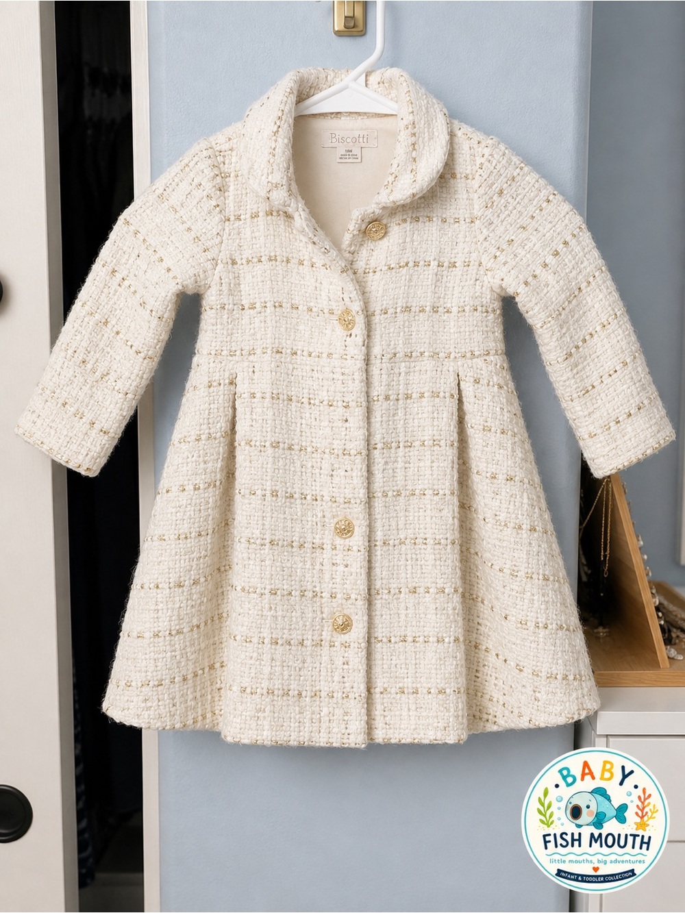 Biscotti Cream Tweed Girl's Coat with Gold Thread
